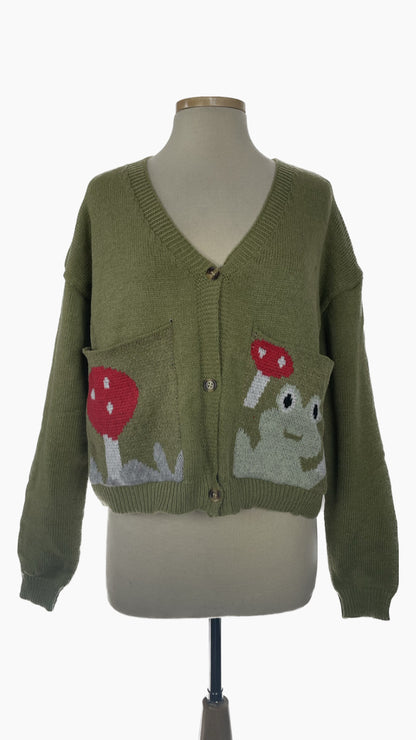 Knit frog and mushroom cardigan - large