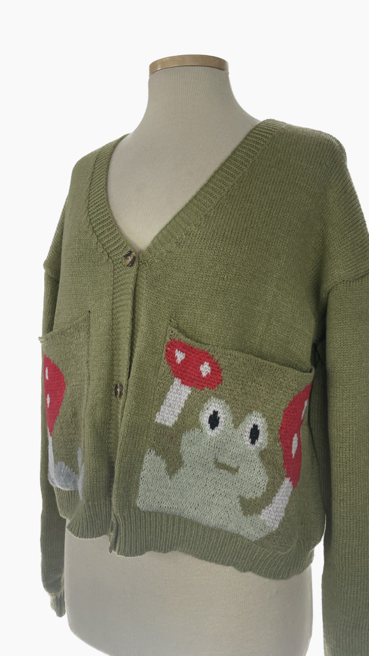 Knit frog and mushroom cardigan - large