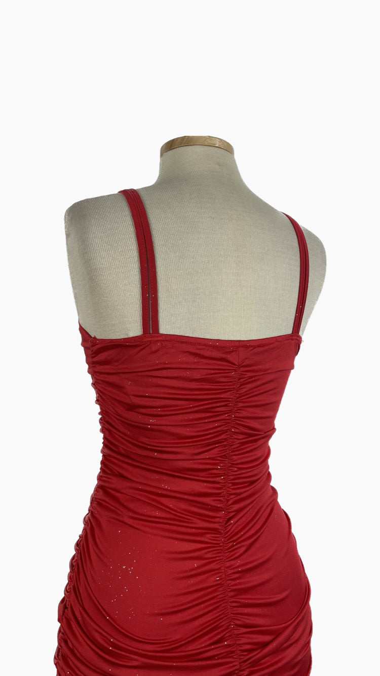 Sparkly ruched mini dress in red - medium